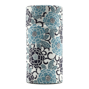 cilindervormige doos van washi-papier met blauw en zwart bloemenmotief voor thés et traditions