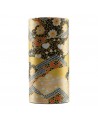 cylindrical box with Japanese decor golden black and red floral patterns for tea