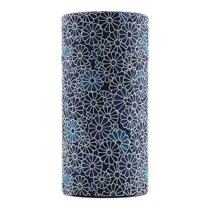 cilindervormige doos van washi-papier met blauw en wit bloemenpatroon voor thee en infusies