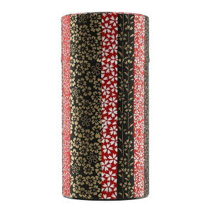 Zylindrische Dose mit roten, schwarzen und goldenen Blumenmotiven im japanischen Stil für Tee
