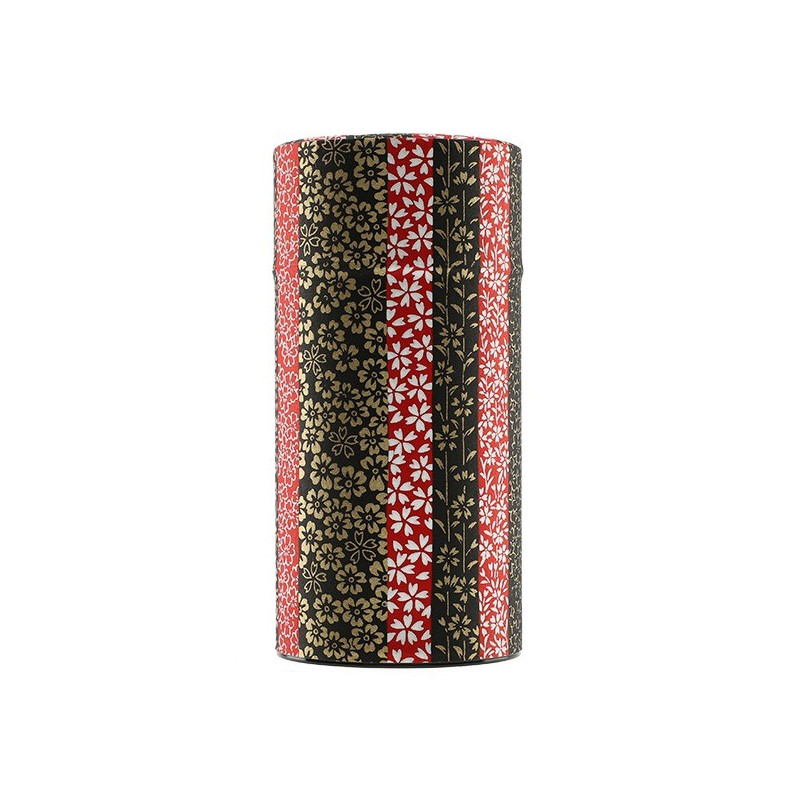 Zylindrische Dose mit roten, schwarzen und goldenen Blumenmotiven im japanischen Stil für Tee