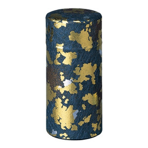 cilindervormige doos van blauw washi-papier met gouden en zilveren motieven Sekai