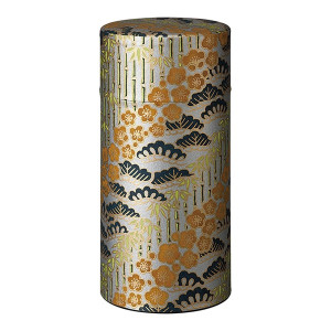 cilindervormige doos van washi-papier met bloem- en bamboesmotieven in goud zwart en groen