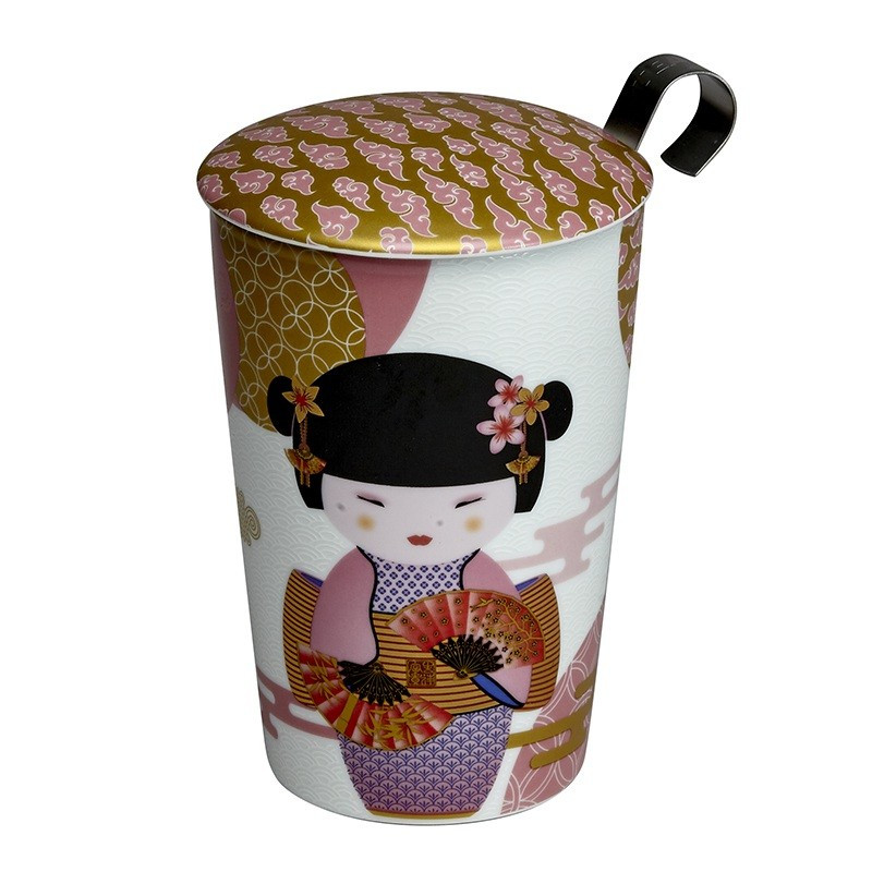 Kräuterteekanne im Geisha-Design mit Deckel, goldenen und rosafarbenen Mustern und ergonomischem schwarzem Griff