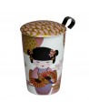 Tazza infusore decorazione geisha con coperchio motivi dorati e rosa manico nero ergonomico