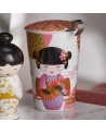 Porseleinen tisanière met geisha-decoratie met deksel en roestvrijstalen infuser bloemen- en waaiermotief roze en goud