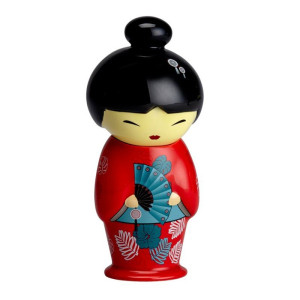 Maiko-Tee-Ei in Form einer japanischen Puppe mit rotem Kimono, blauem Fächer und glattem schwarzem Haar
