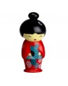 Maiko-Tee-Ei in Form einer japanischen Puppe mit rotem Kimono, blauem Fächer und glattem schwarzem Haar