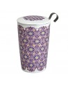 Porcelain tea infuser mug with purple geometric pattern, lid and metal strainer