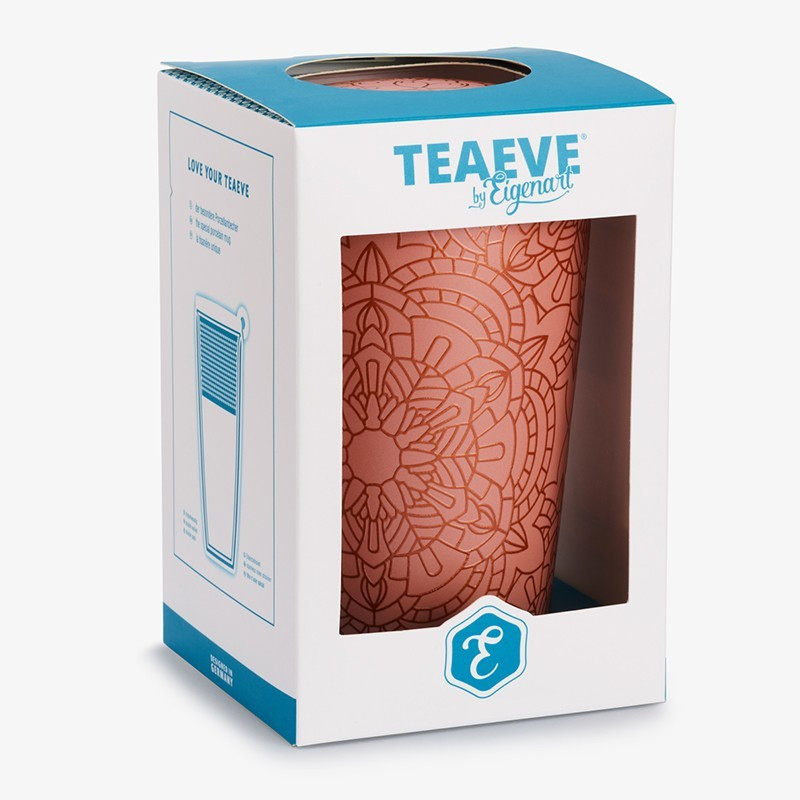 Mandala Powder theemok met mandalamotief in terracottakleur in witte en blauwe verpakking