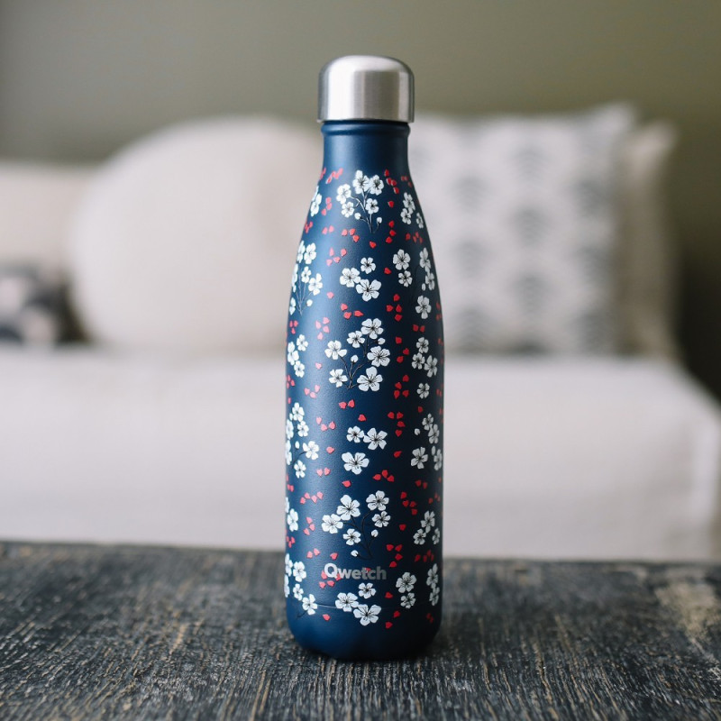 navy blue insulated bottle white flower and red berry patterns stainless steel cap