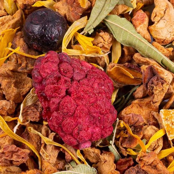 Mélange de tisane Potion des Elfes avec fruits rouges séchés feuilles et fleurs jaunes