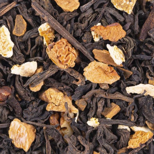 miscela di tè pu erh foglie essiccate scorze d'arancia e stecca di cannella