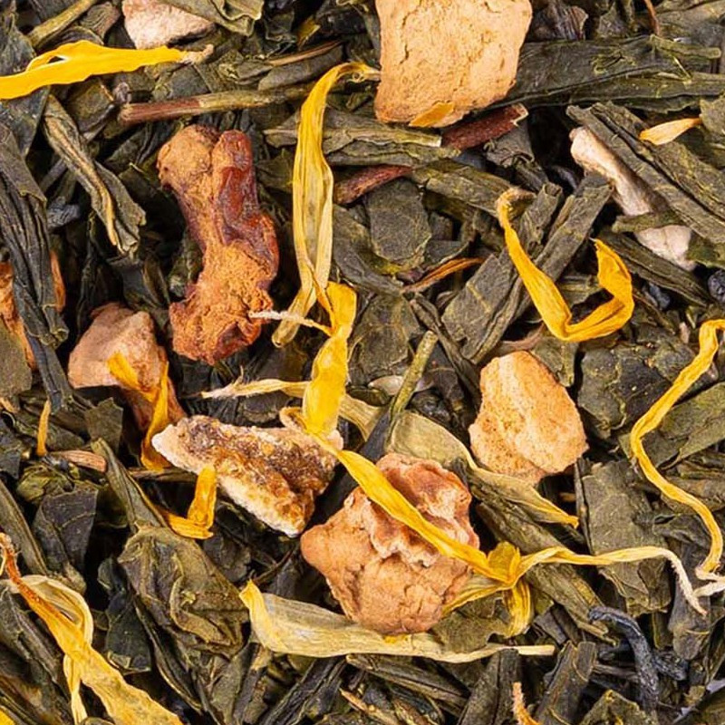 thé vert tondao feuilles de thé vert morceaux d'écorce et pétales jaunes