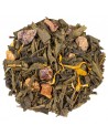 green tea blend leaves dried fruit pieces and yellow petals perle du maroc