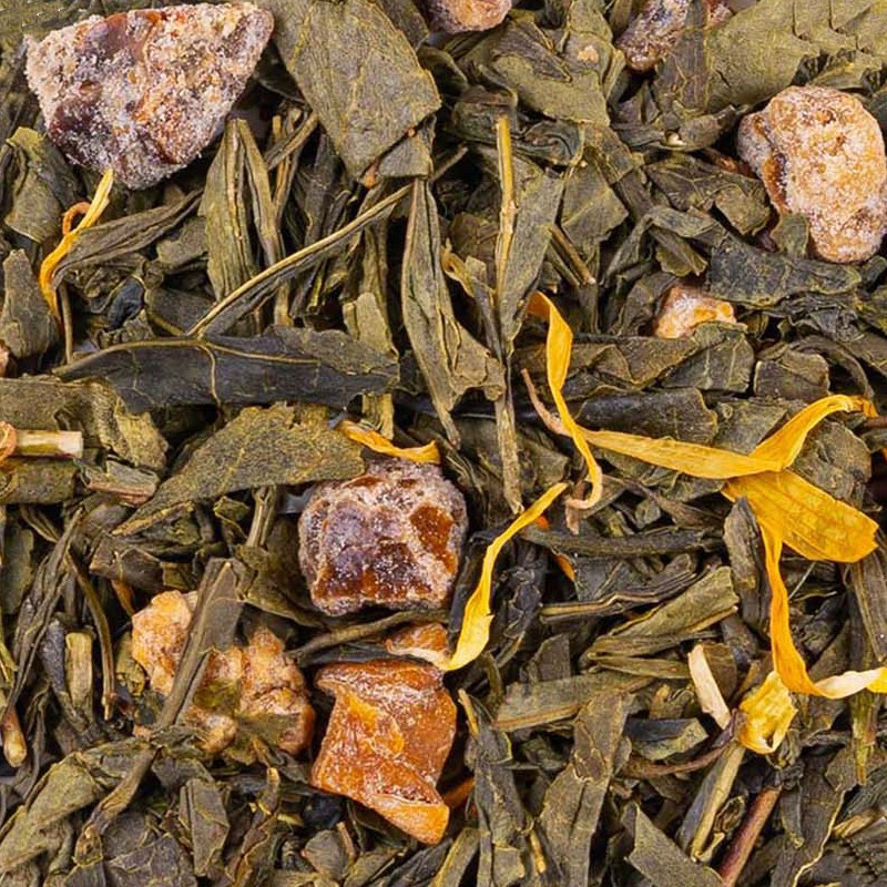 Moroccan Pearl green tea green tea leaves orange pieces and yellow petals