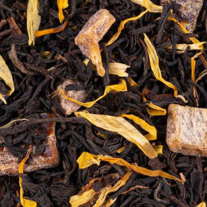 miscela di tè nero vaniglia caramello con pezzi di vaniglia e petali gialli