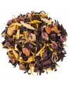 black tea blend with cocoa pieces orange peels and yellow petals