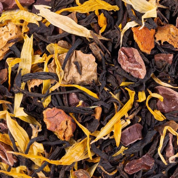 miscela di tè nero con pezzi di frutta e petali gialli per infusione gourmet