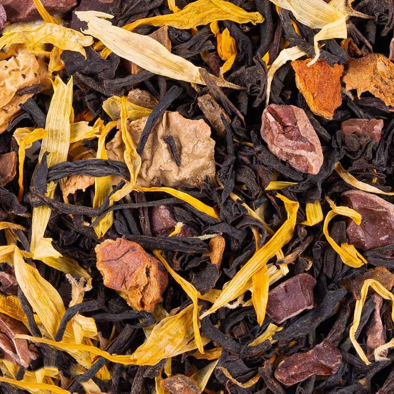 black tea blend with fruit pieces and yellow petals for gourmet infusion