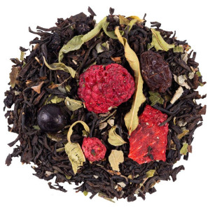 Mischung aus schwarzem Tee mit ganzen Blättern, getrockneten roten Früchten und Beeren für aromatische Aufgüsse