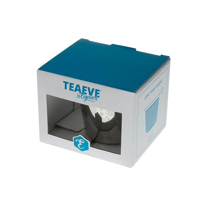 Stainless steel tea strainer in cardboard packaging with transparent window