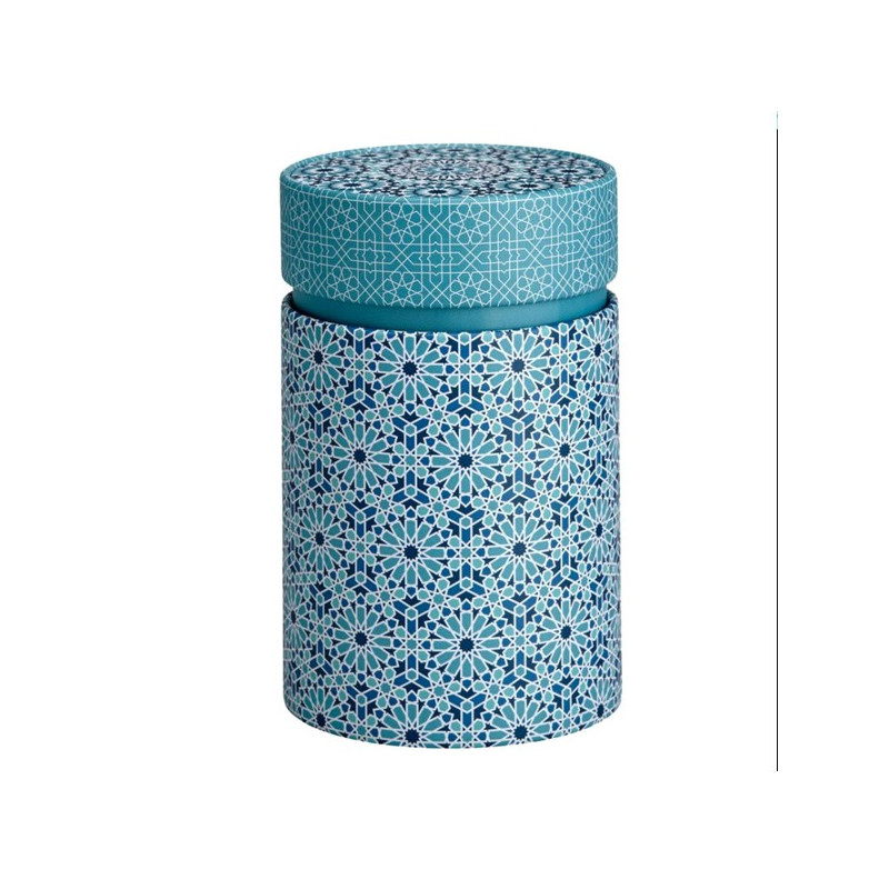 Boîte à thé cylindrique motifs géométriques bleus et blancs style andalou
