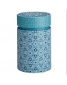 Scatola da tè cilindrica con motivi geometrici blu e bianchi in stile andaluso