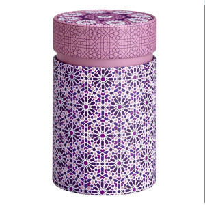boîte cylindrique décor andalou motifs géométriques violets et roses pour thé et traditions