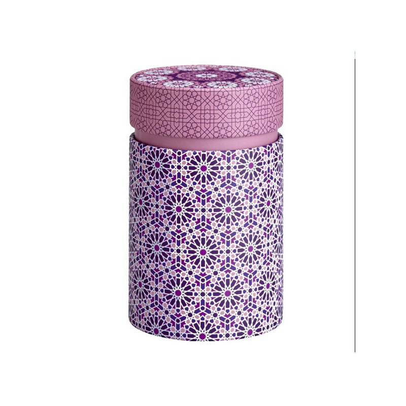 Scatola cilindrica con decorazione andalusa e motivi geometrici viola e rosa per Thés et Traditions