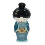 Keramische infuser in de vorm van Japanse pop Little Gelsha blauw en zwart met bloemmotieven