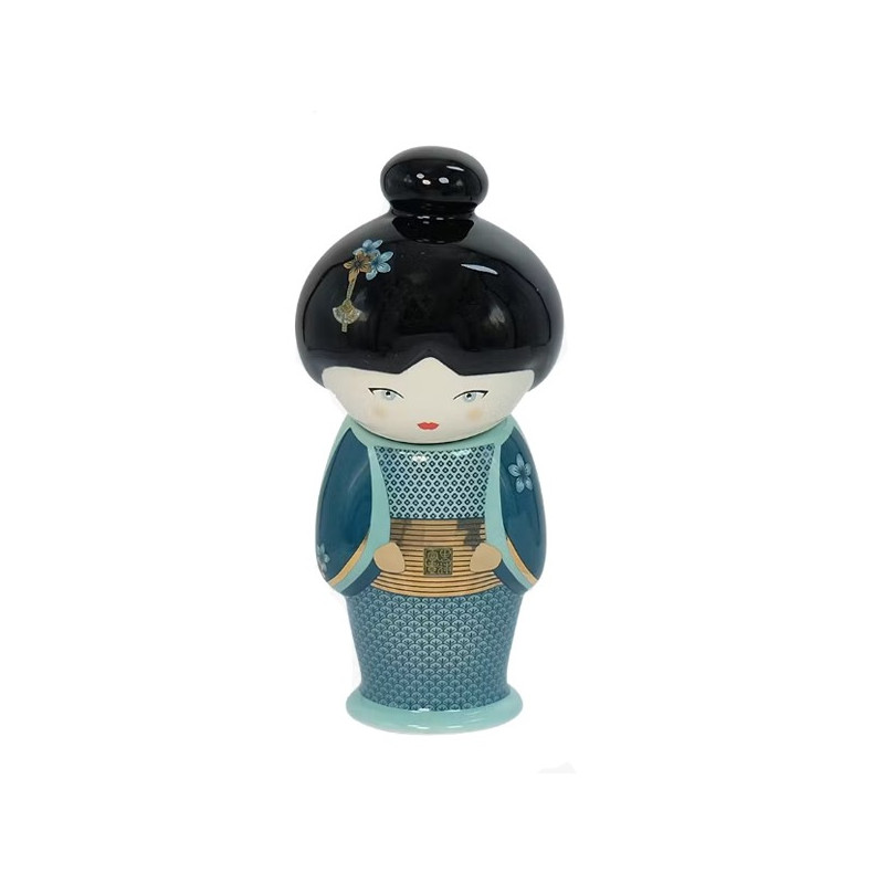 Keramik-Teesieb in Form einer japanischen Puppe Little Gelsha, blau und schwarz mit Blütenmotiven