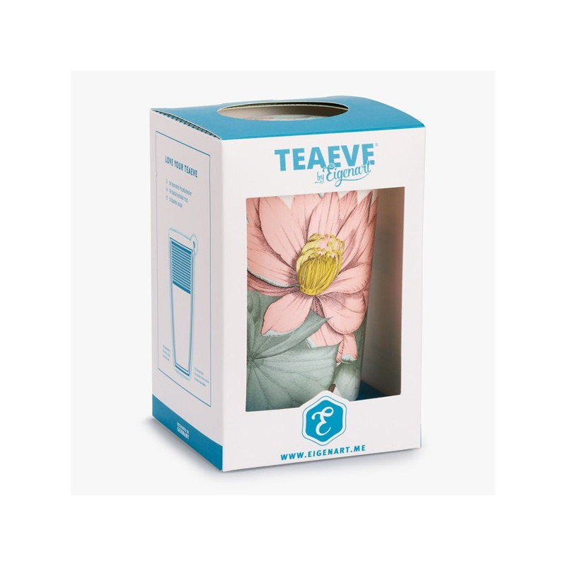 Tisanière Padma met roze bloemmotief en groen blad in witte en blauwe kartonnen verpakking