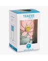 Tisanière Padma avec motif fleur rose et feuille verte dans emballage carton blanc et bleu