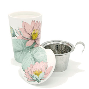 Tisanière Padma avec infuseur en inox et motif fleur de lotus rose et vert pâle