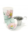 Padma tea infuser mug with stainless steel infuser and pink and pale green lotus flower motif