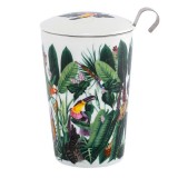 porseleinen thee-infuser decoratie tropische bladeren en exotische vogels met deksel en metalen filter