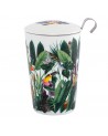 tisaniera in porcellana decorata con foglie tropicali e uccelli esotici con coperchio e infusore metallico