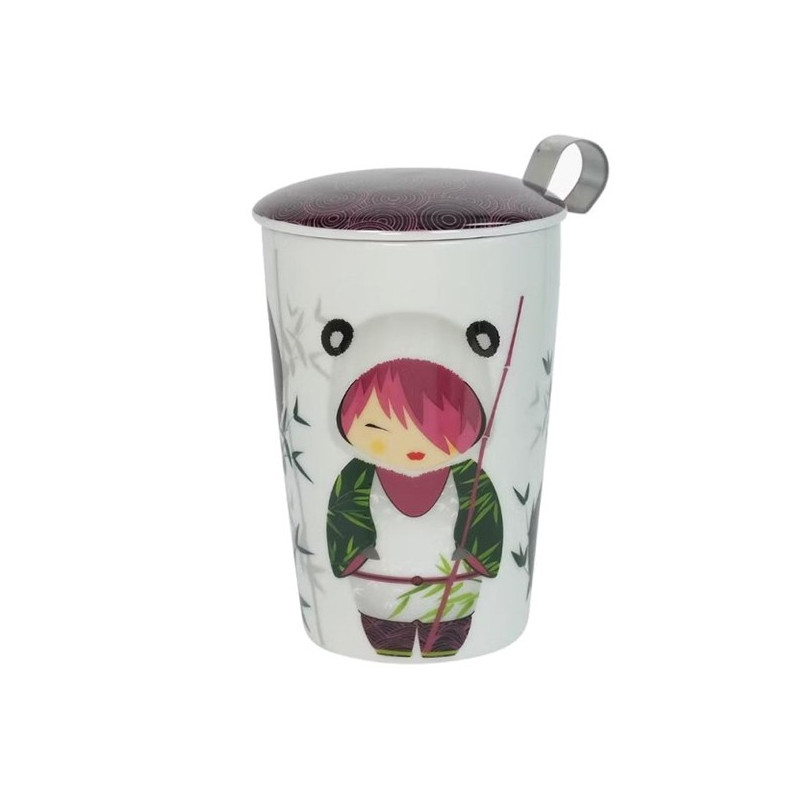 Ceramic tea infuser mug with illustration of character in panda costume and burgundy stainless steel lid