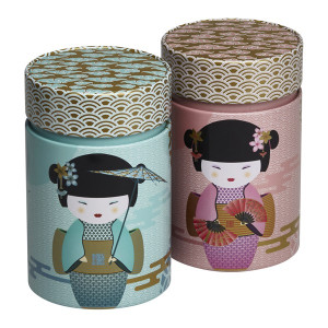 Teedosen Little Geisha, verziert mit traditionellen japanischen Puppen mit Fächern und Regenschirmen
