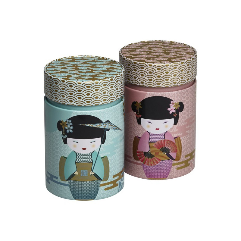Teedosen Little Geisha, verziert mit traditionellen japanischen Puppen mit Fächern und Regenschirmen