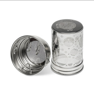 Stainless steel tea infuser with round perforated patterns and support feet