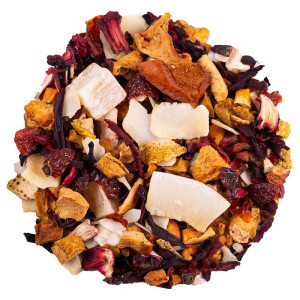 Mischung aus Kräutertee Piña Colada mit Kokosstücken, Ananas, Hibiskus und Zitrusschalen