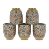 Set van vijf keramische theekopjes met bloemenmotieven in beige en koraal tinten Nishikiori