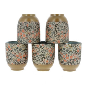Set van vijf keramische theekopjes met bloemenmotieven in beige en koraal tinten Nishikiori