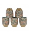 Set of five ceramic tea cups with floral patterns in beige and coral tones Nishikiori