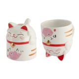 Keramische Maneki Neko mok 35 cl met rood belletje en roze Japans vismotief