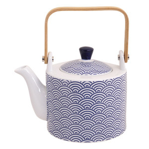 Witte keramische theepot met blauw golfmotief houten handgreep 80cl