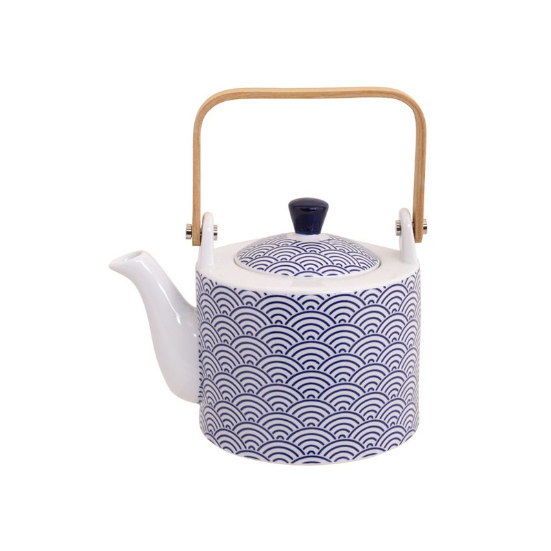 Weiße Keramik-Teekanne mit blauen Wellenmotiven, Holzgriff, 80 cl