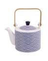 Théière en céramique blanche motifs vagues bleues anse en bois 80 cl